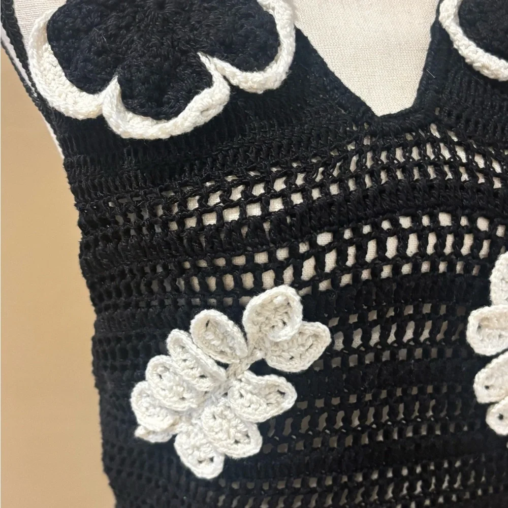PatBI Black Crochet Halter Mini Dress with White Floral Appliqués - Picture 10 of 12